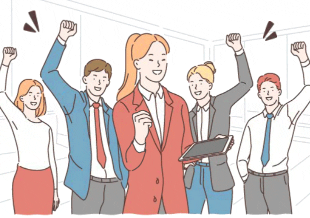 プロジェクトに関わる5人の男女がガッツポーズしている場面